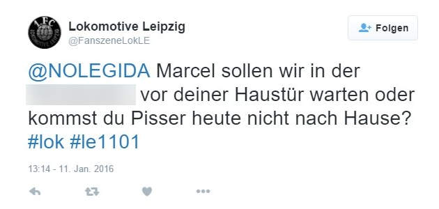 "Fanszene Lok Leipzig" am 11. Januar 2016 bei Twitter, wenige Stunden vor dem Naziangriff in Connewitz